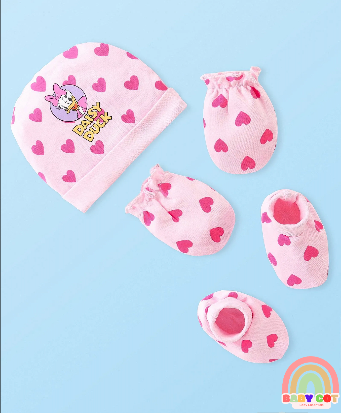 Cotton Knit Cap Mittens & Booties Set with Heart & Daisy Duck Graphic - Pink