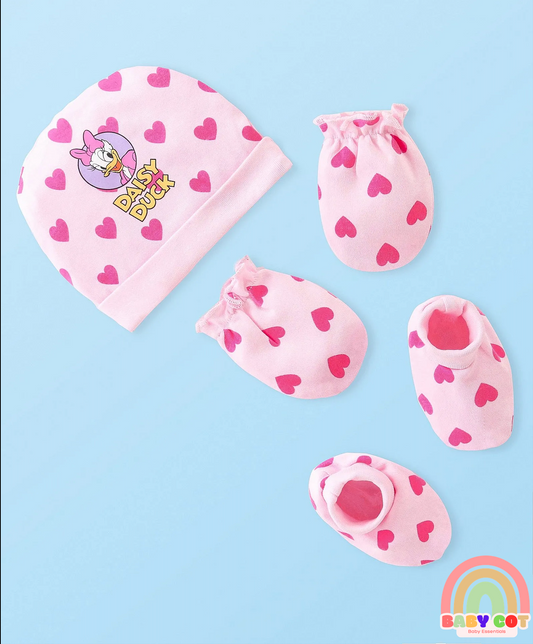Cotton Knit Cap Mittens & Booties Set with Heart & Daisy Duck Graphic - Pink