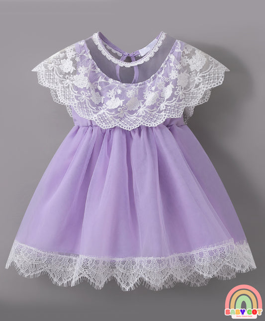 Sleeveless Mesh Frock with Floral Corsage - Purple