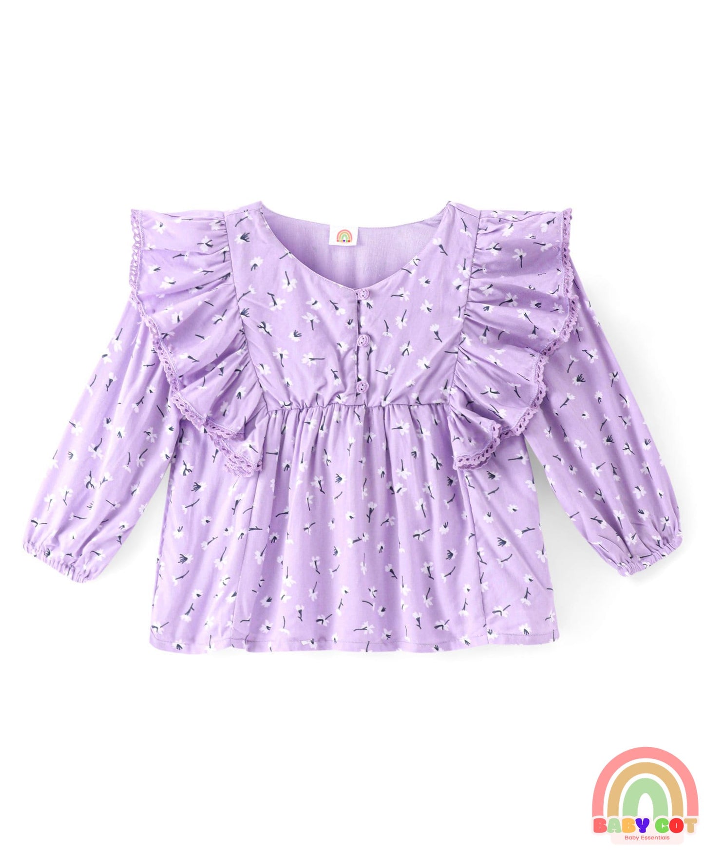 Rayon Knit Full Sleeves Top with Floral Print & Frill Detailing - Purple