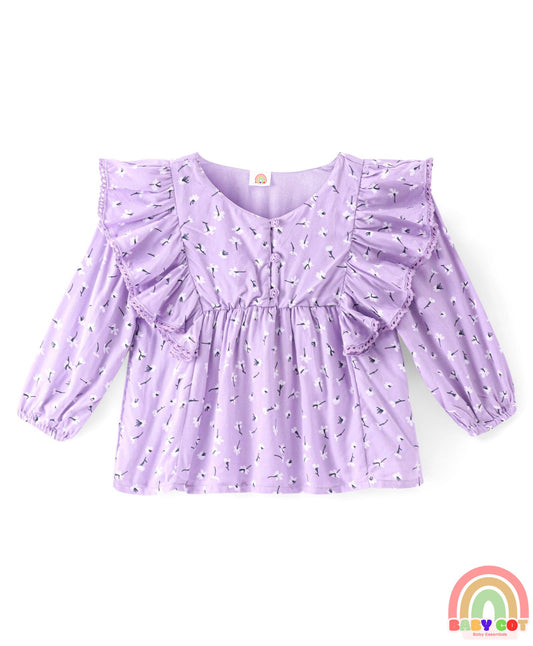 Rayon Knit Full Sleeves Top with Floral Print & Frill Detailing - Purple