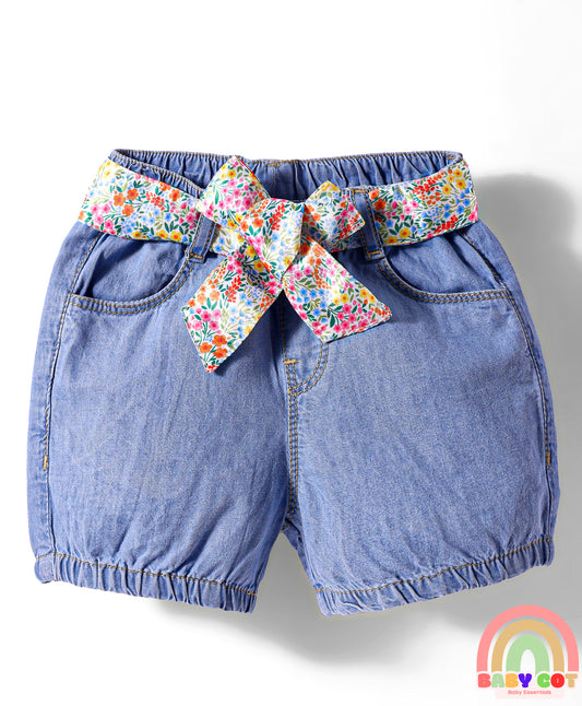 Mid Thigh Washed Denim Shorts With Belt - Blue