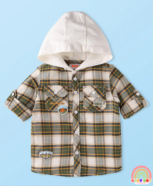 Cotton Woven Full Sleeves Checkered Shirt with Hood - Olive Green