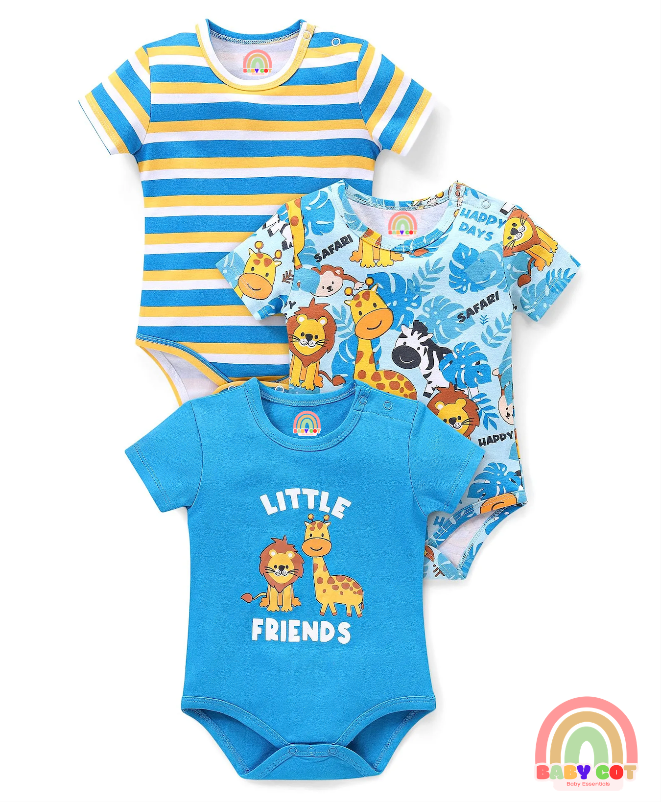 100% Cotton Knit Half Sleeves Onesies With Animal Print Pack of 3 - Multicolor