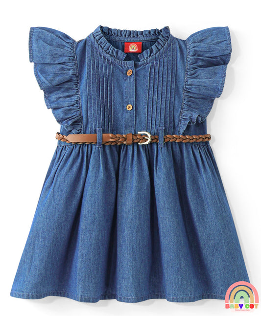 Cotton Woven Frill Sleeves Solid Color Frock With Pintuck Detailing - Blue