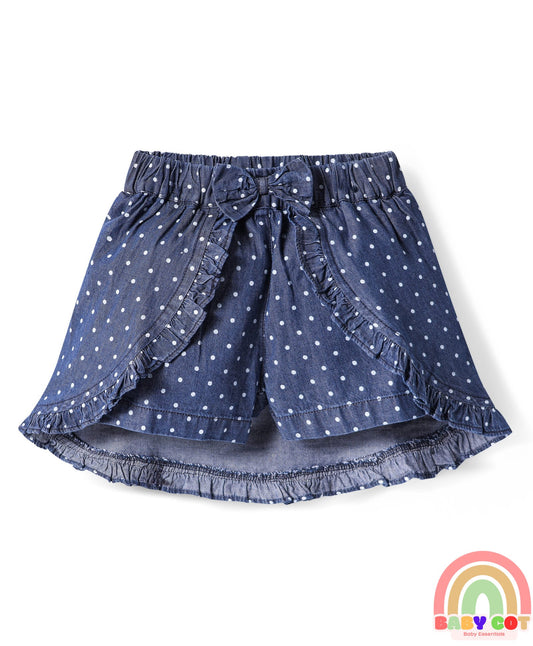 100% Cotton Woven Skorts with Frill Design & Bow Applique Polka Dots Print - Navy