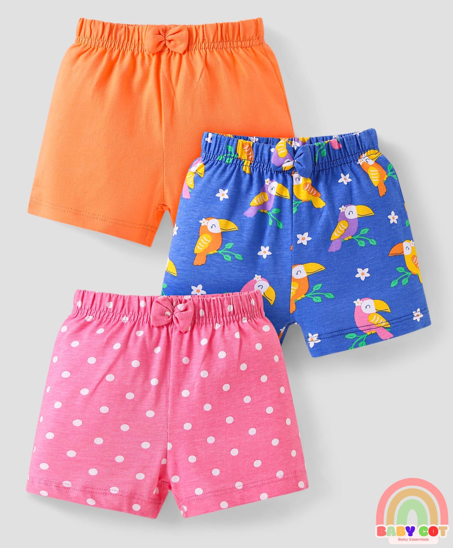 Cotton Knit Mid Thigh Shorts With Polka Dots & Birds Print with Bow Applique Pack of 3 - Blue Pink & Orange