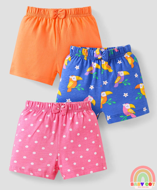 Cotton Knit Mid Thigh Shorts With Polka Dots & Birds Print with Bow Applique Pack of 3 - Blue Pink & Orange