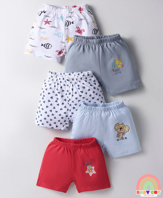 Single Jersey Knit Above Knee Length Shorts With Sea Life & Heart Print Pack Of 5 - Multicolour