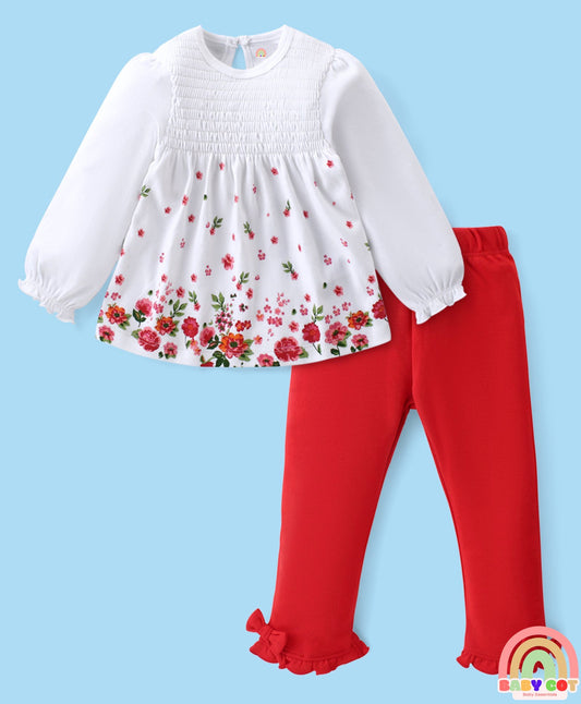 100% Cotton With Eco Jiva Finish Knit Full Sleeves Floral Printed Top & Leggings Set With - Red & White