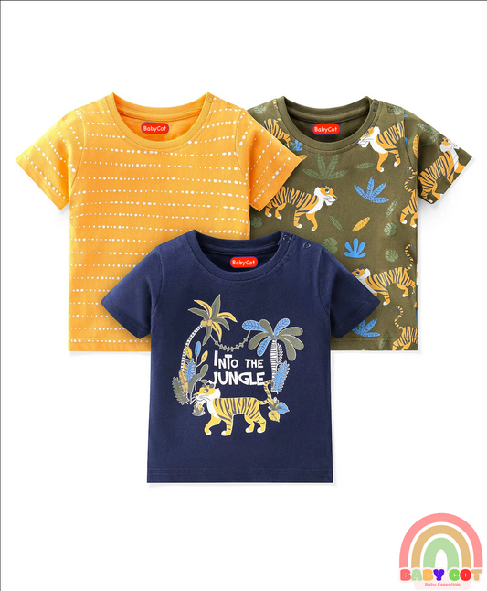 100% Cotton Knit Half Sleeves T-Shirts Tiger Print Pack of 3 - Yellow & Green