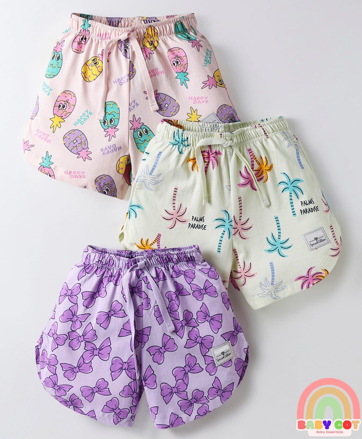 Sinker Knit Above Knee Length Shorts With Bow & Beach Theme Print Pack Of 3 - Purple Pink & Light Yellow