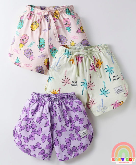 Sinker Knit Above Knee Length Shorts With Bow & Beach Theme Print Pack Of 3 - Purple Pink & Light Yellow