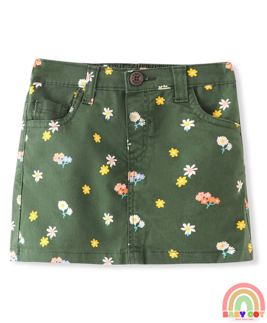 Cotton Lycra Woven Mid Thigh Floral Printed Stretchable Skirt - Olive Green
