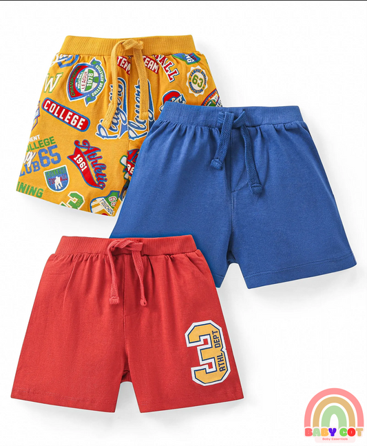 Cotton Knit Shorts with Number & Text Print Pack of 3 - Blue Red & Yellow