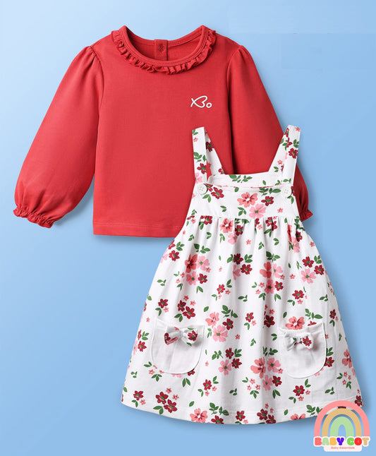 Cotton Knit Full Sleeves T-Shirt & Frock with Floral Print - Red & White