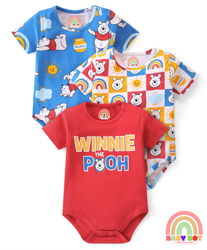 Cotton Interlock Knit Half Sleeves Onesies with Winnie The Pooh Graphics Pack of 3 - Multicolour