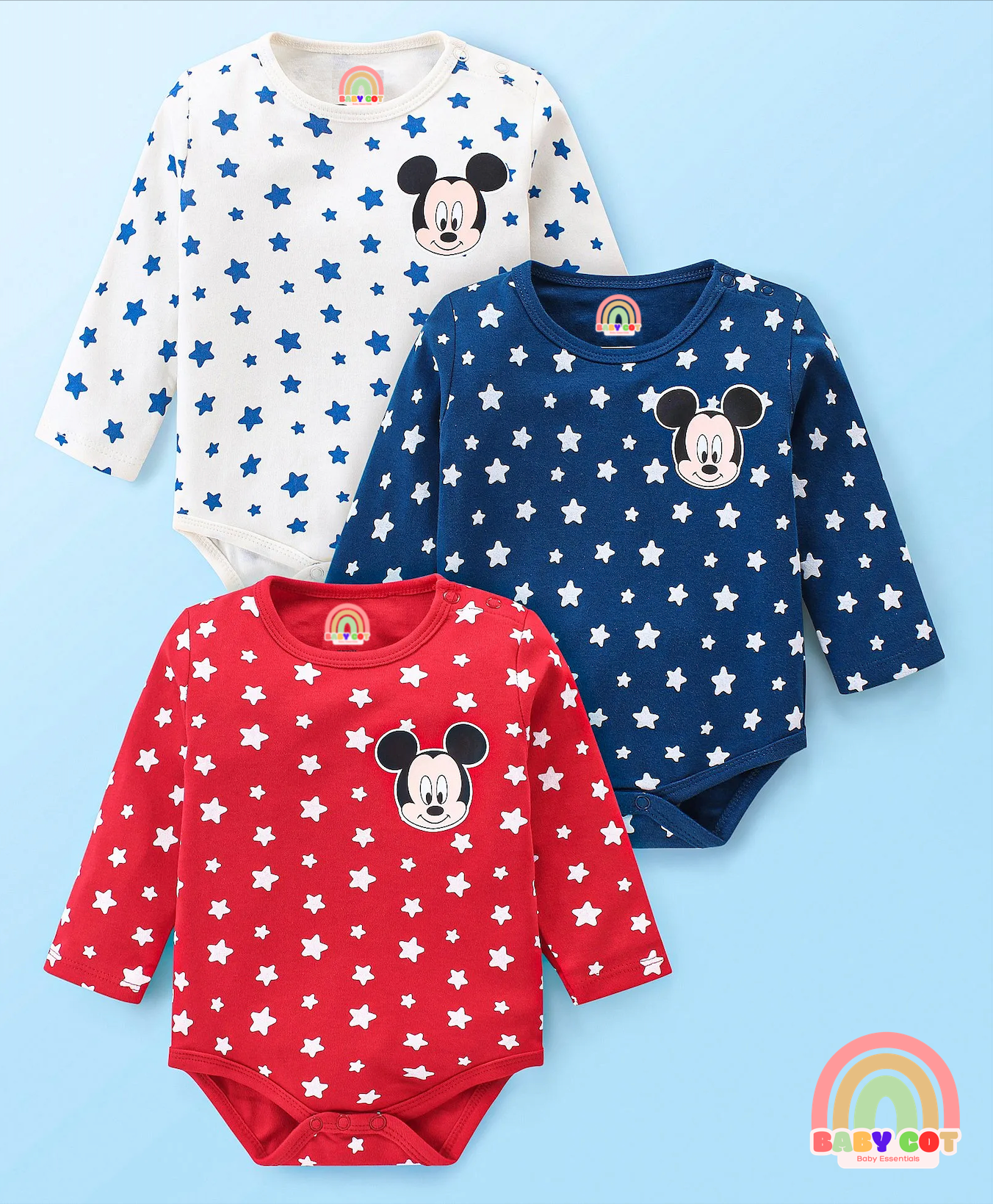 Interlock Knit Full Sleeves Onesies With Printed Graphics Pack of 3 - Red White & Navy Blue