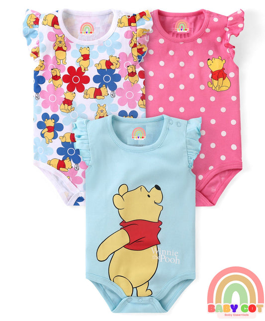 Cotton Knit Frill Sleeves Onesies with Winnie The Pooh Graphics Pack Of 3 - Multicolour