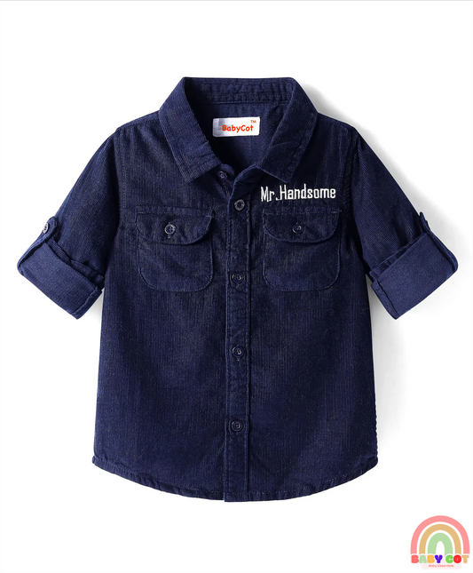 Cotton Woven Full Sleeves Solid Corduroy Shirt with Text Embroidered - Navy Blue