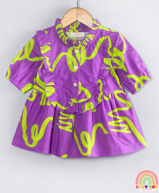 Cotton Woven Half Puffed Sleeves Abstract Printed Peplum Top - Purple