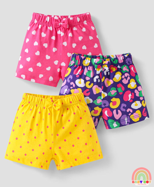 Single Jersey Knit Mid Thigh Bow Applique Shorts with Polka Dots & Hearts Print Pack of 3 - Pink Yellow & Purple