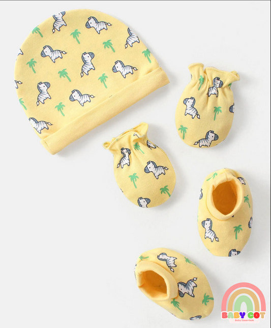 100% Cotton Knit Zebra Printed Cap Mittens & Booties Set - Yellow