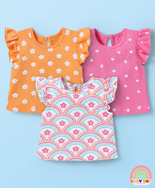 Cotton Knit Frill Sleeves T-Shirts With Floral & Heart Print Pack Of 3 - Orange & Dark Pink