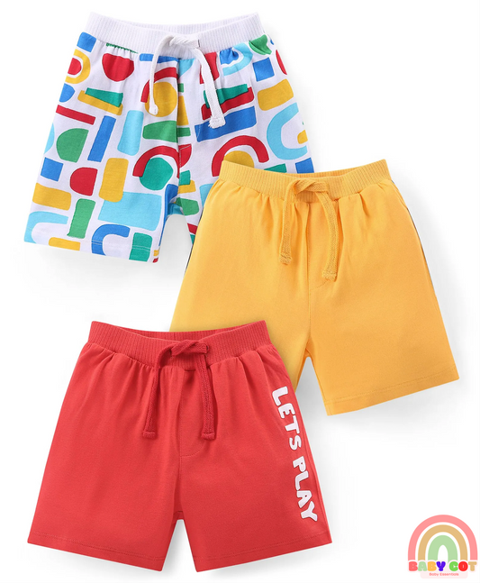 Cotton Knit Shorts with Geometrical Print Pack of 3 - Red Yellow & White