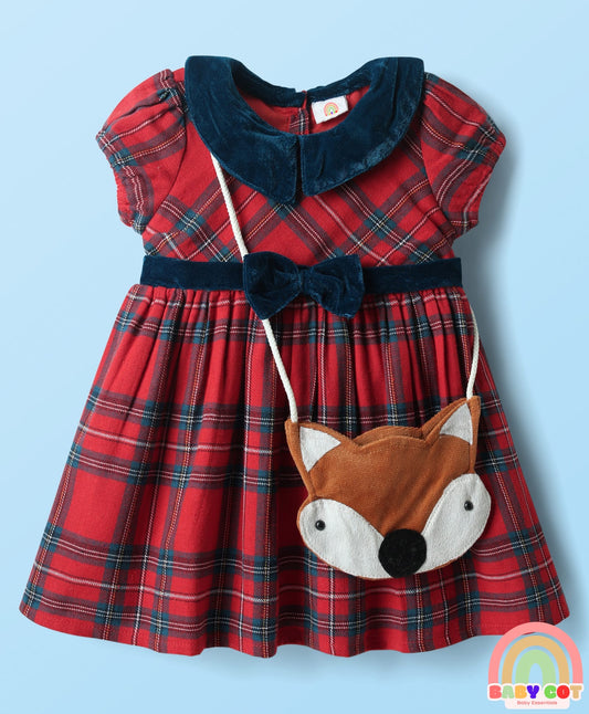 Cotton Woven Collar Neck Half Sleeves Checkered Frock With Sling Bag - Red