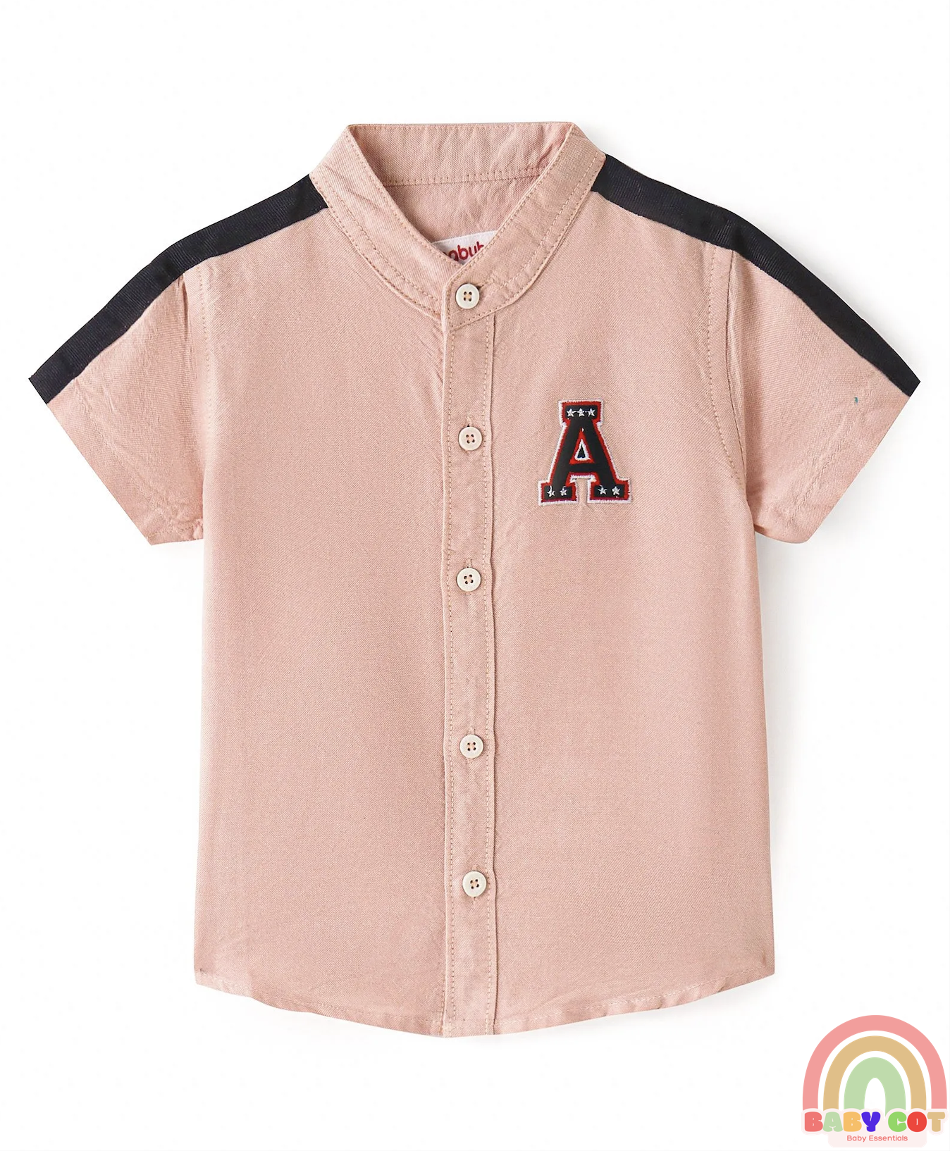 Cotton Woven Half Sleeves Solid Color Shirt With Mandarin Collar Text Embroidered - Light Peach