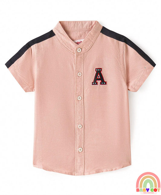 Cotton Woven Half Sleeves Solid Color Shirt With Mandarin Collar Text Embroidered - Light Peach