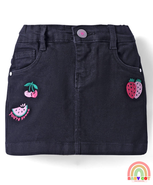 Mid Thigh Length Denim Skirt with Fruit Embroidery - Black