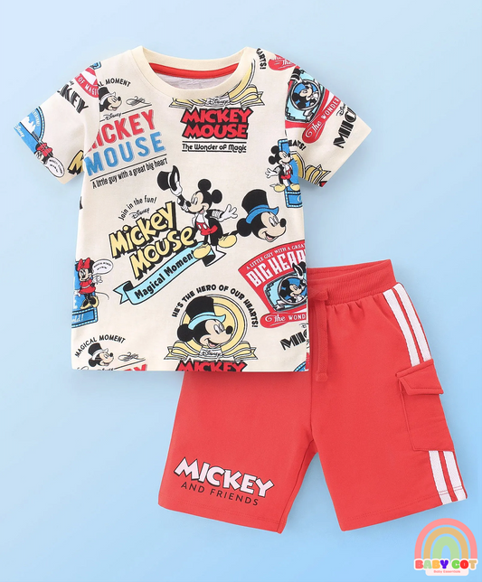 Single Jersey Knit Half Sleeves T-Shirt And Shorts Set With Print - Off White & Red
