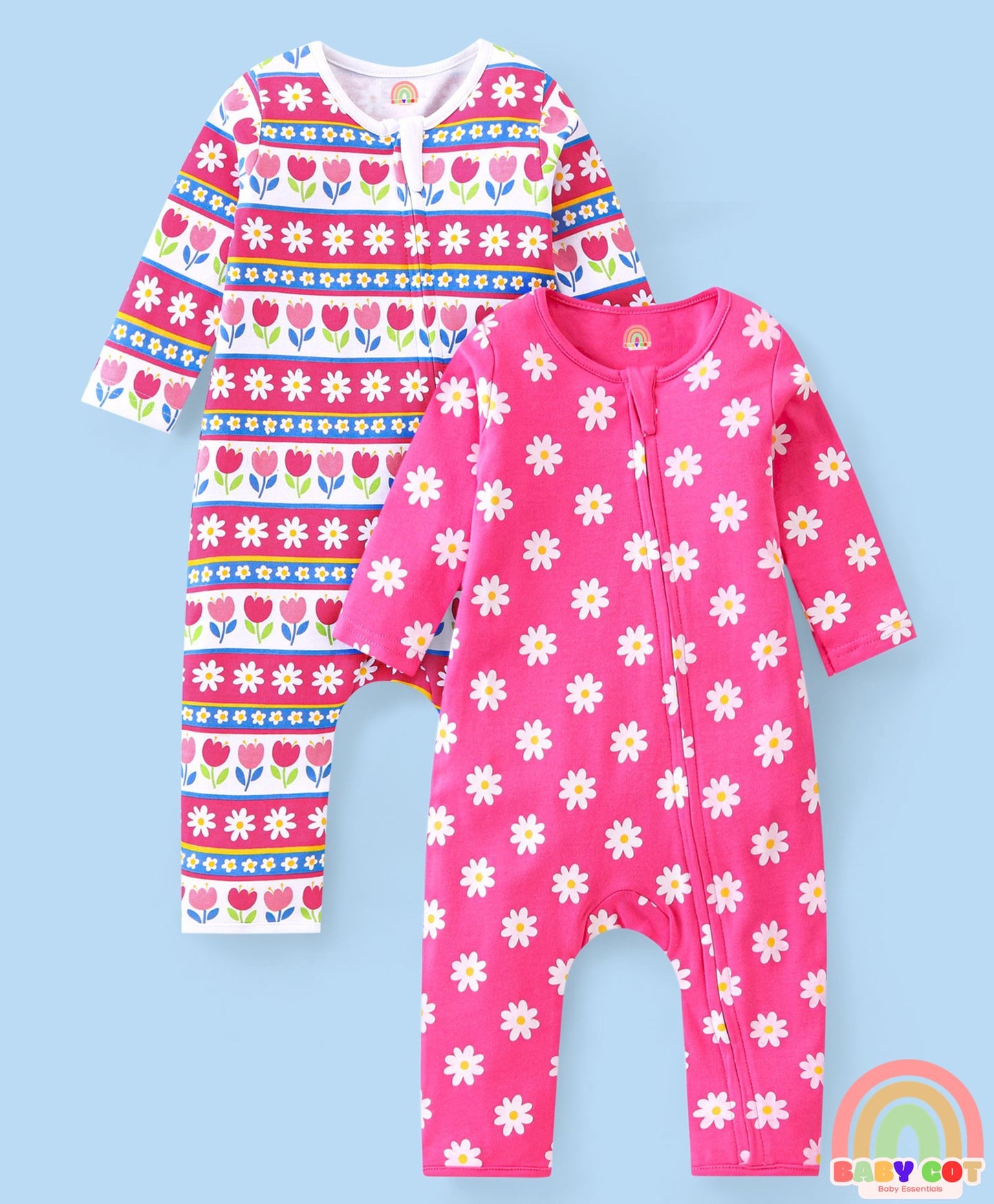 100% Cotton Knit Full Sleeves Floral Printed Romper Pack of 2 - Pink