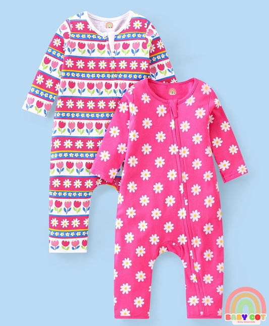 100% Cotton Knit Full Sleeves Floral Printed Romper Pack of 2 - Pink