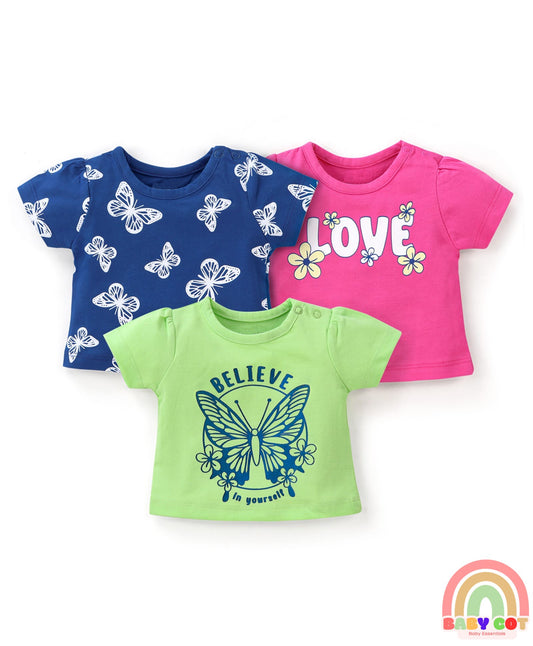 100% Cotton Half Sleeves T-Shirts Butterfly Print Pack of 3 - Multicolour