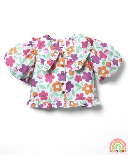 Woven Half Puffed Sleeves Peter Pan Collared Top with Floral Print - White