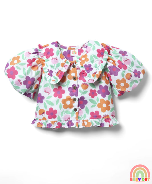 Woven Half Puffed Sleeves Peter Pan Collared Top with Floral Print - White