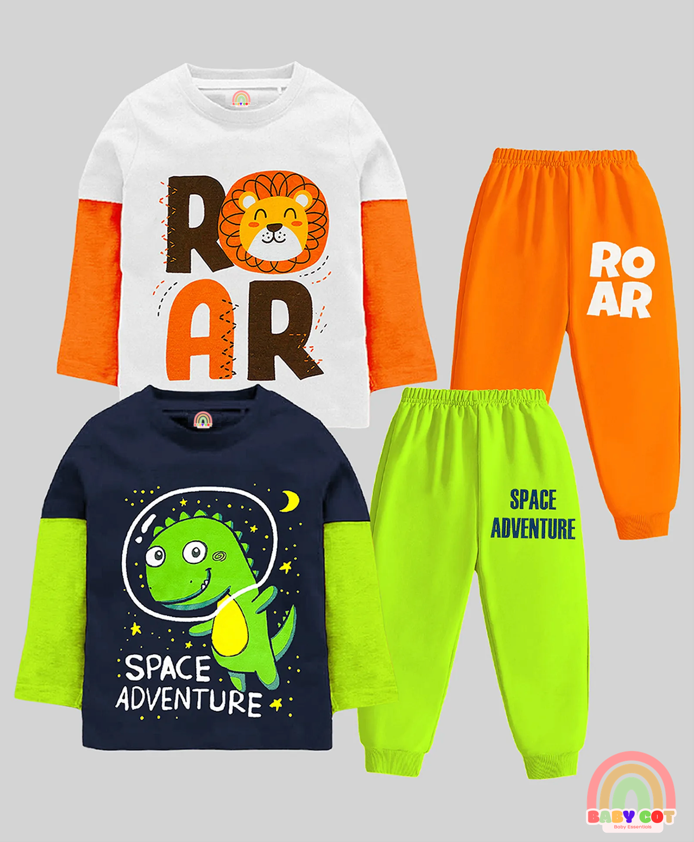 Pack Of 2 Full Doctor Sleeves Animals & Space Theme Printed Coordinating Tees & Joggers Set - Black Orange White & Green