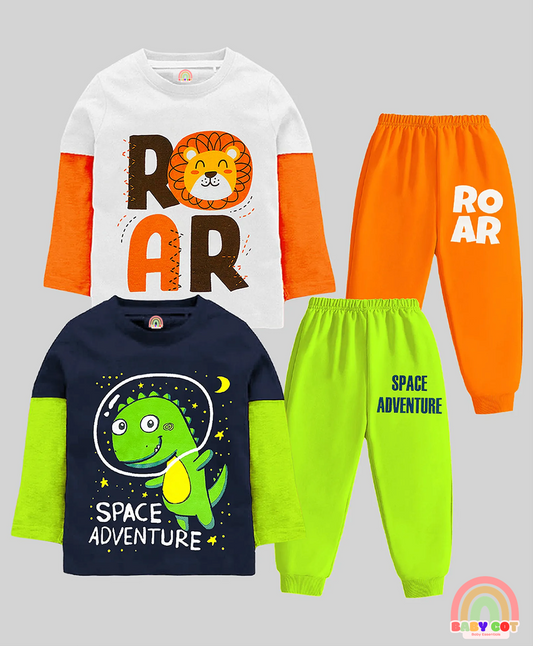 Pack Of 2 Full Doctor Sleeves Animals & Space Theme Printed Coordinating Tees & Joggers Set - Black Orange White & Green