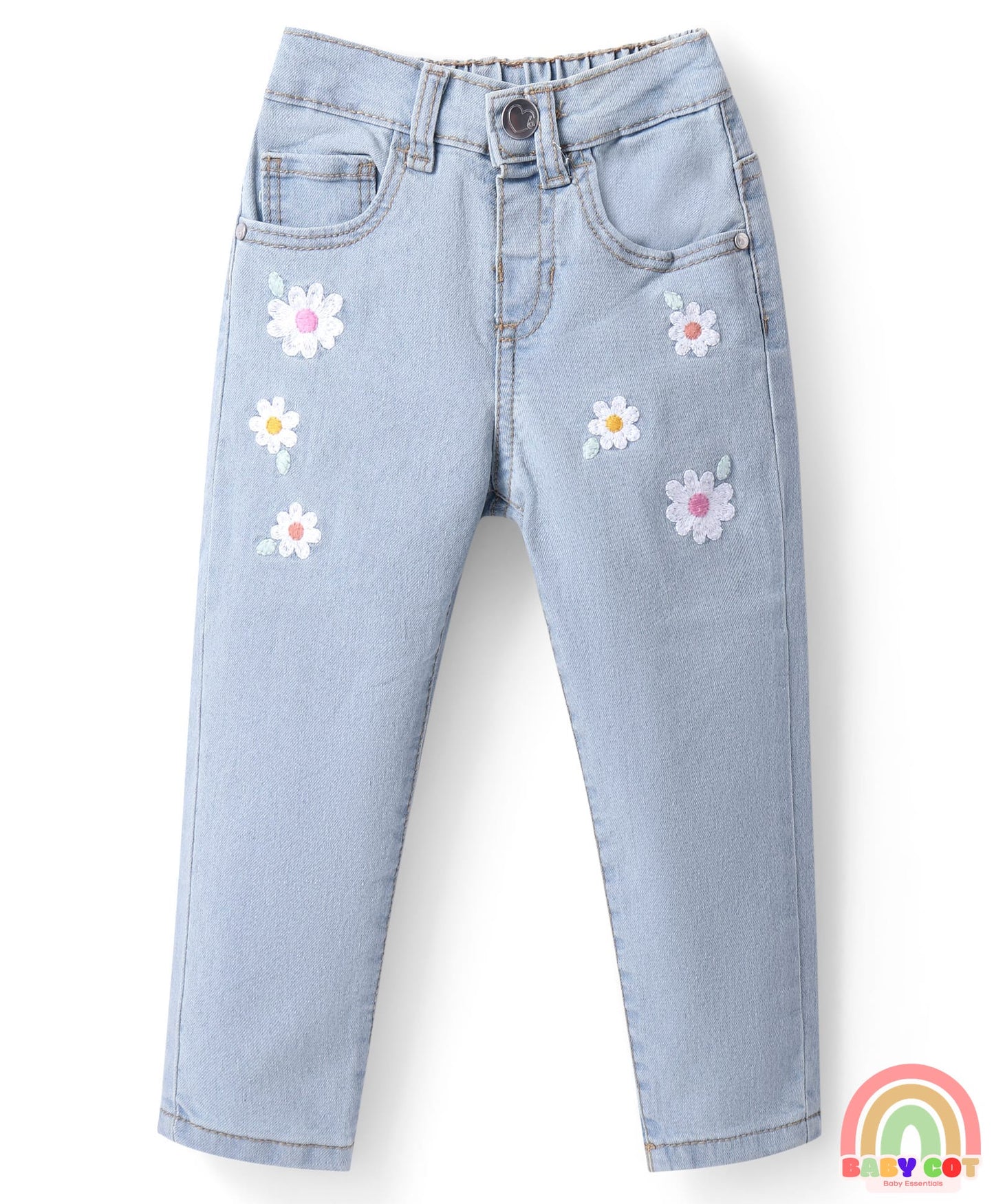 Denim Full Length Washed Jeans With Stretch & Floral Embroidery - Light Blue