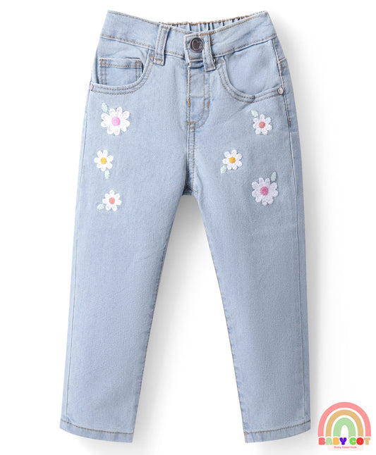 Denim Full Length Washed Jeans With Stretch & Floral Embroidery - Light Blue