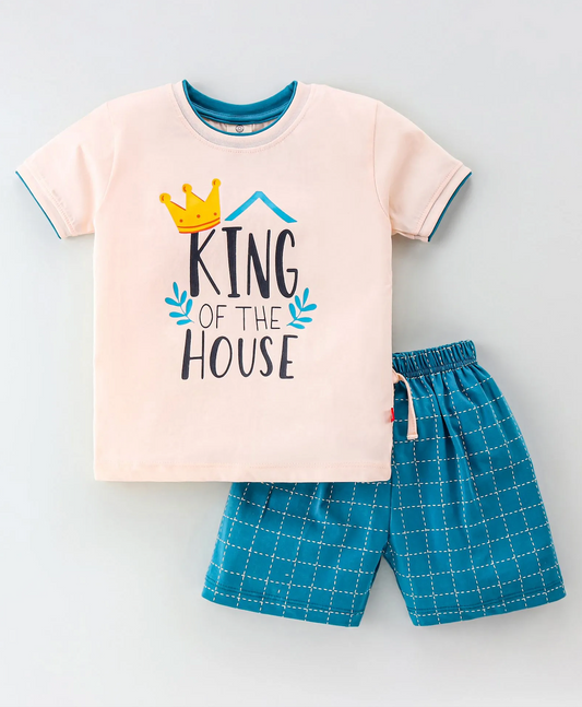 100% Cotton Knit Half Sleeves T-Shirt & Shorts Set with Text Print - Blue