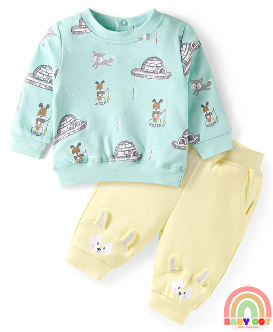 Terry Knit Full Sleeves Puppy Printed T-Shirt & Jogger Set - Blue & Cream