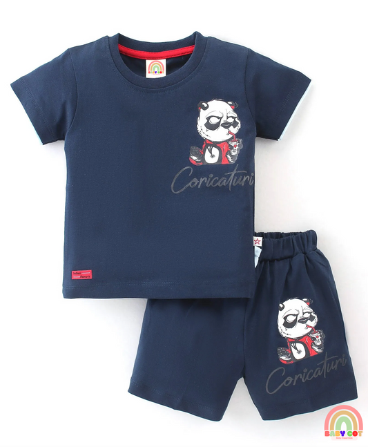 100% Cotton Knit Half Sleeves T-Shirt & Shorts With Panda Print - Navy Blue