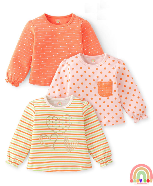100% Cotton Knit with Eco-Jiva Finish Full Sleeves T-Shirts Polka Dots & Heart Print Pack of 3 - Multicolour