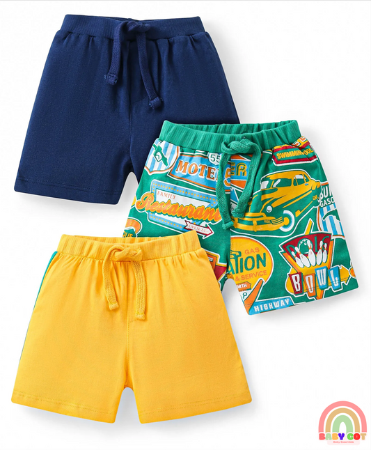 Cotton Knit Shorts with Car & Text Print Pack of 3 - Blue Green & Yellow
