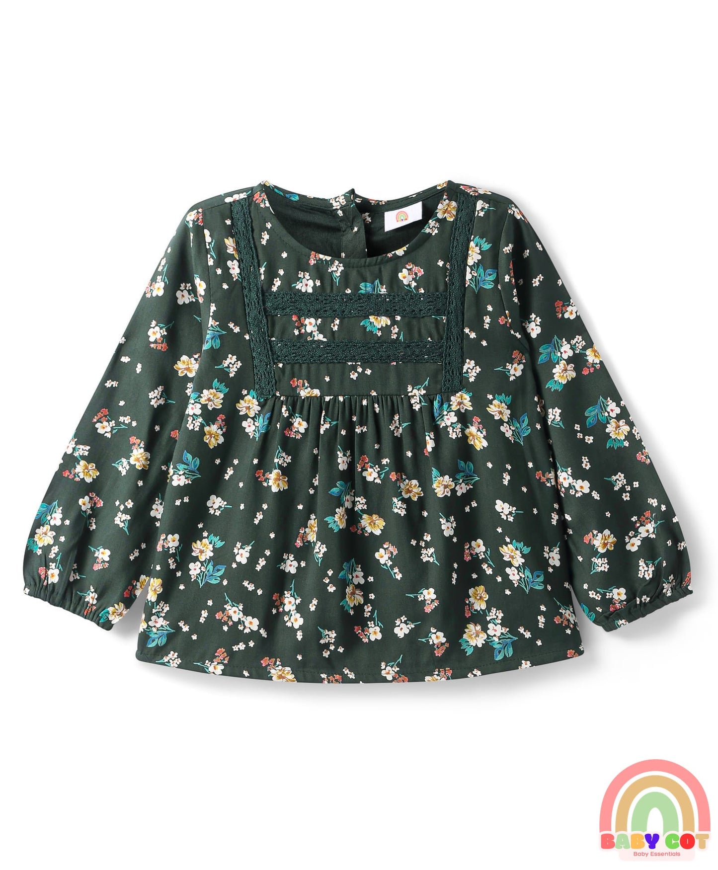 Rayon Woven Full Sleeves Top With Floral Print & Lace Detailing - Dark Green
