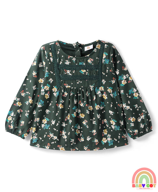 Rayon Woven Full Sleeves Top With Floral Print & Lace Detailing - Dark Green